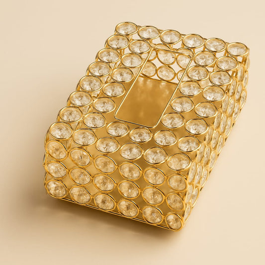 Shiny Golden Tissue Box Holder – Modern Crystal Design for Home, Hotel & Events