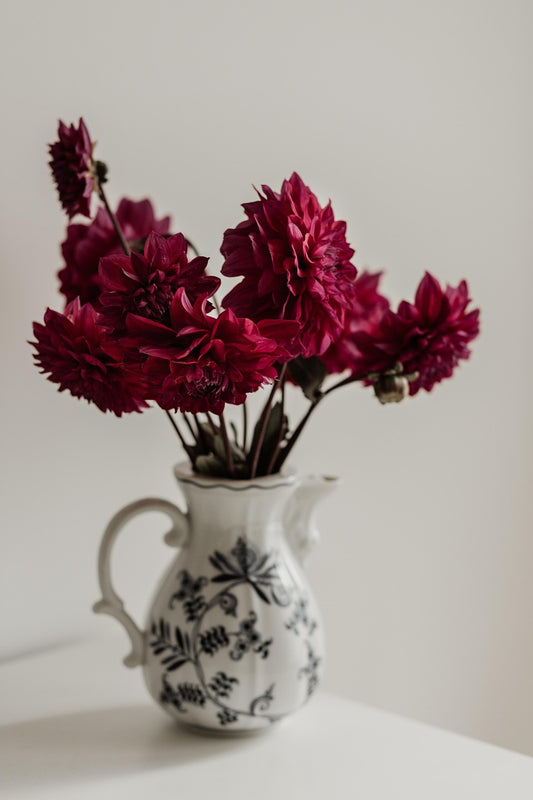 Classic Ceramic Jug with Burgundy Artificial Flowers – Timeless Home Accent