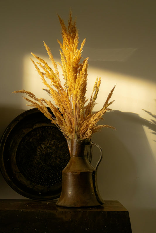 Rustic Metal Jug with Dried Wheat – Vintage Farmhouse Table Décor