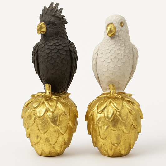 Luxury Black & White Parrot Decor Pair – Modern Monochrome Bird Sculptures for Home