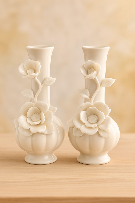 Elegant White Ceramic Vases with Floral Design - Decorative Flower Vases ( Pair Of 2 )